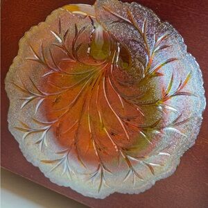 Iridescent ruffled edge carnival glass plate